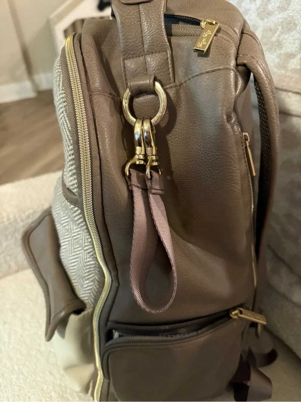 Itzy Ritzy Taupe & Cream Herringbone Accent Backpack